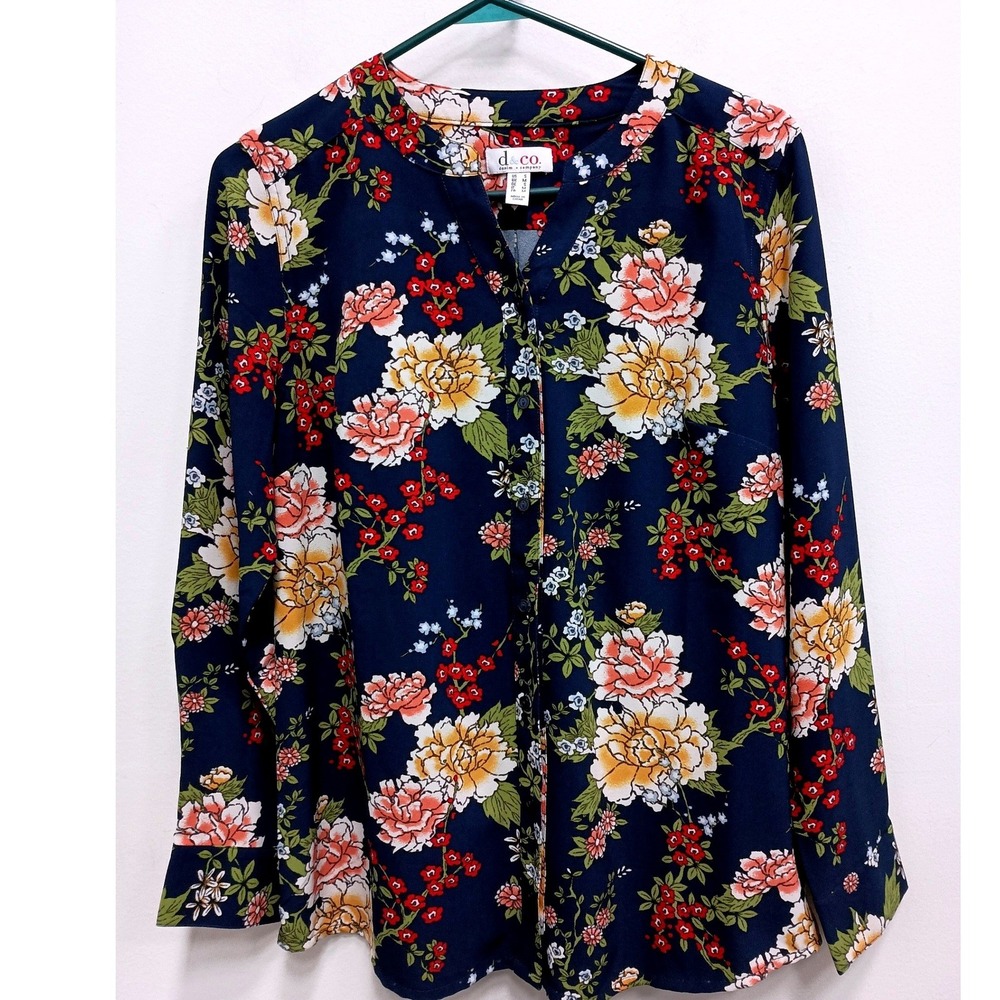 Denim‎ & Co BOHO Blouse Top Womens Small Navy Blue Floral Button Up Long Sleeve